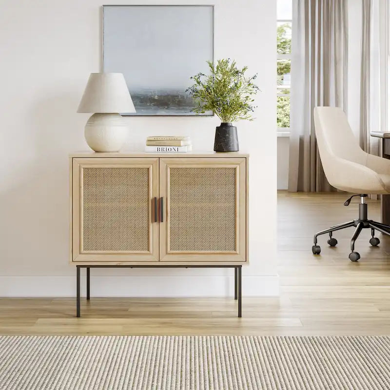 2-Door Rattan Storage Cabinet with Sideboard Design