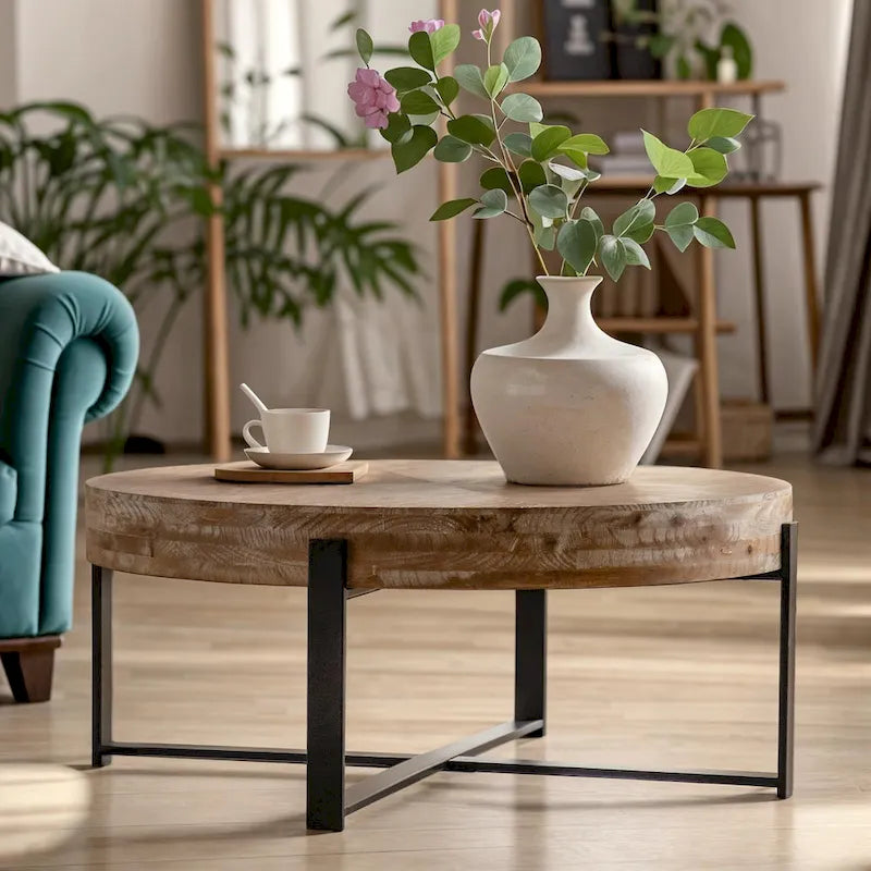 33.86" Modern Retro Round Coffee Table with Cross-Leg Base and Wooden Splicing Design