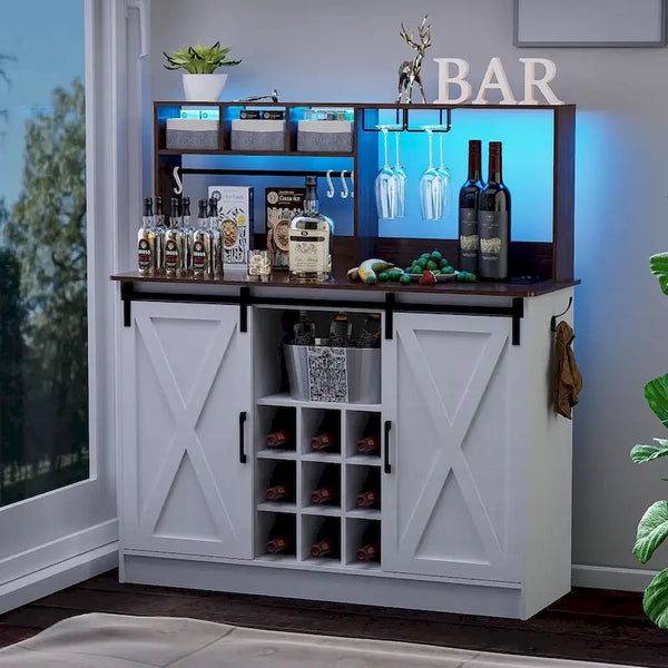 47-Inch Coffee Bar Sideboard Buffet Cabinet with 20-Color LED Lighting and 6.5FT Power Outlet