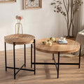Contemporary Round Coffee Table with Cross-Leg Metal Base and Threaded Design