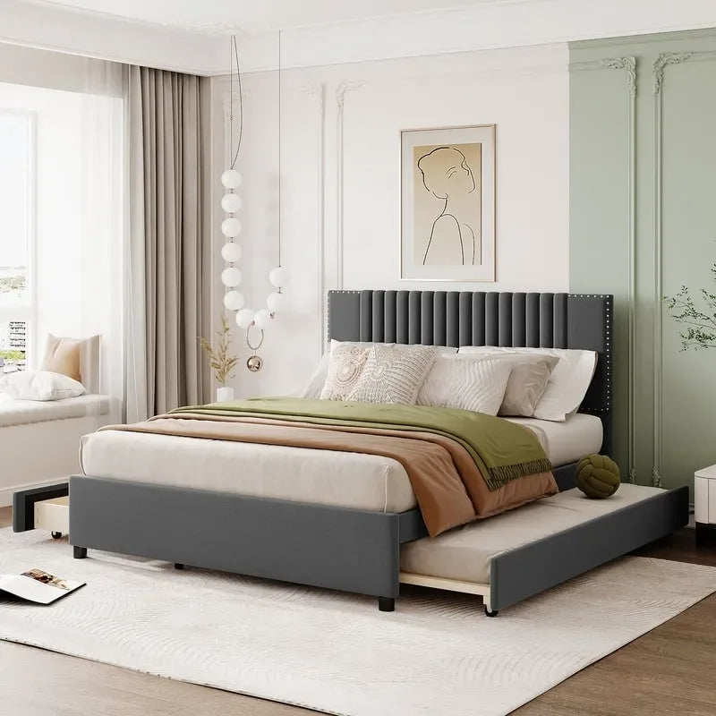 Queen/Full Size Linen Upholstered Platform Bed with 2 Storage Drawers and Trundle