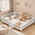 Kids' Full-Size Wooden Floor Bed with Fence and Door
