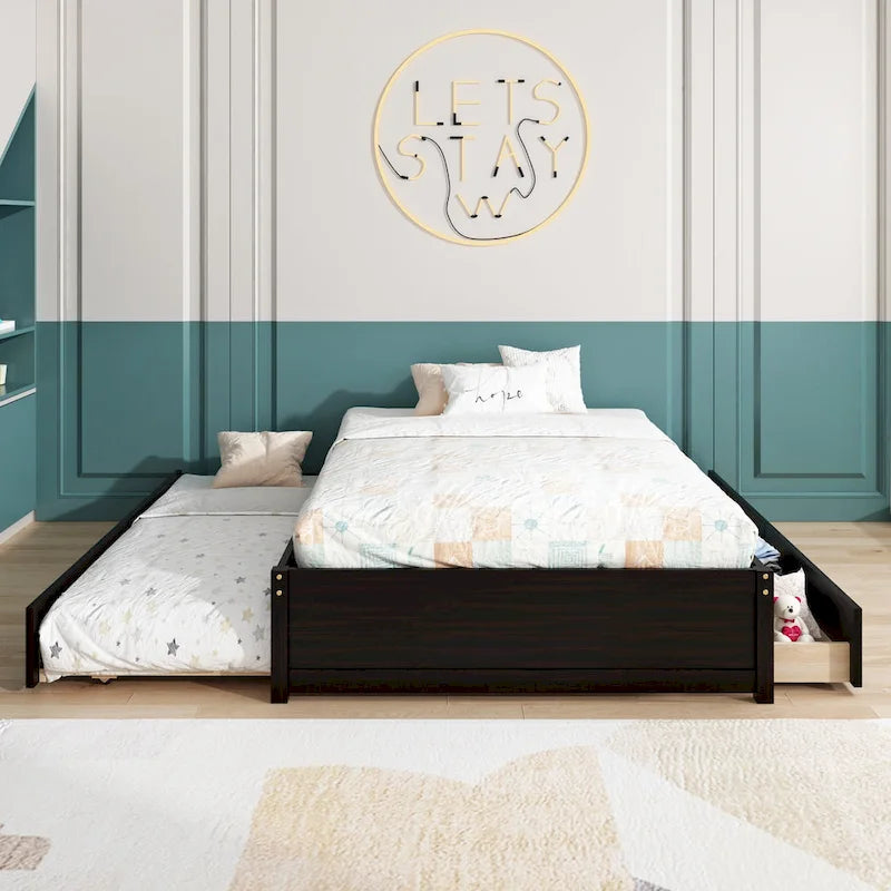 Full Bed Frame with Twin Trundle and Dual Storage Drawers