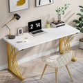 Contemporary 55-Inch Gold and White Computer Desk - Versatile Dining, Vanity, and Conference Table with Elegant Gold Legs