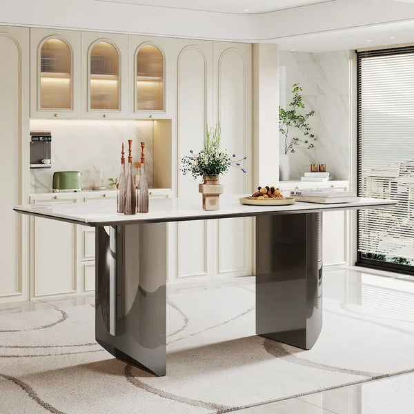 0.47-Inch Thick Sintered Stone Composite Dining Table with Tempered Glass Top and Stainless Steel Base