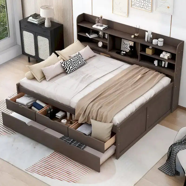 Antique Grey Full-Size Wooden Captain Bed with Built-in Bookshelves, Three Storage Drawers, and Trundle