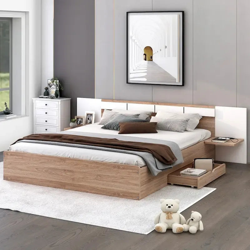 Natural Queen Size Platform Bed with Headboard, Storage Drawers, Shelves, USB Ports, and Outlets