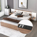 Natural Queen Size Platform Bed with Headboard, Storage Drawers, Shelves, USB Ports, and Outlets