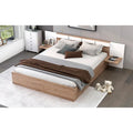 Natural Queen Size Platform Bed with Headboard, Storage Drawers, Shelves, USB Ports, and Outlets