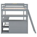 Gray Full-Size Loft Bed with Desk, Shelves, and Two Built-In Drawers