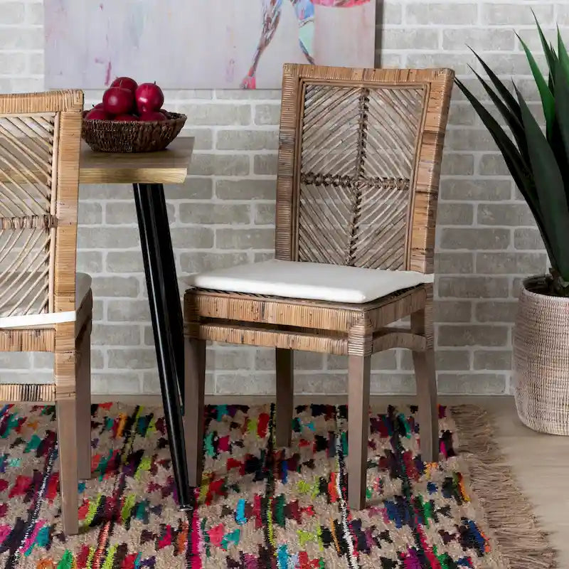 Laluna Contemporary Bohemian Rattan and Mahogany Dining Chair with Cushion