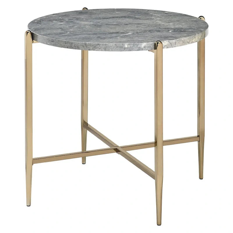 Gray and Gold End Table with Oval Marble Top and X-Shaped Base