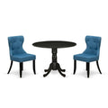 East West Furniture Round Kitchen Table Set - Black Wire-Brushed Finish with Blue Linen Chairs (Multiple Piece Options)