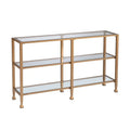 Jensen Gold Metal Console Table with Glass Shelves by SEI Furniture - Narrow Design