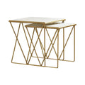 Set of 2 Marble Top Nesting Tables with Geometric Gold Base, White Finish