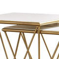 Set of 2 Marble Top Nesting Tables with Geometric Gold Base, White Finish