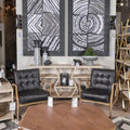 Phineas Black Genuine Leather Accent Chair with Brown Solid Wood Frame