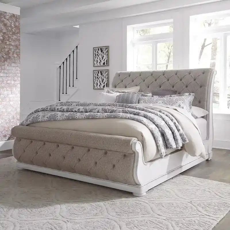 Antique White King Sleigh Bed with Upholstered Design from Magnolia Manor