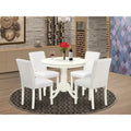 East West Furniture Round Dining Table Set - Kitchen Table with White Faux Leather Parson Chairs in Linen White (Various Piece Options)
