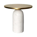 Modern 17-Inch Round Brass Accent End Table with Cylindrical Marble Base in Brass and White