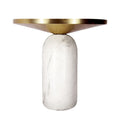 Modern 17-Inch Round Brass Accent End Table with Cylindrical Marble Base in Brass and White