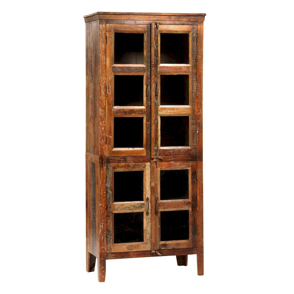 84-Inch Tall Distressed Mango Wood and Glass Storage Cabinet with Reclaimed Finish