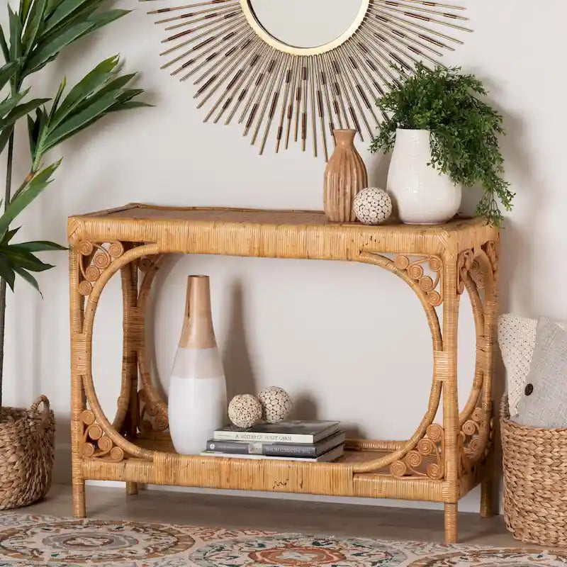 Modern Bohemian Light Honey Rattan Console Table by Bali & Pari - Ramona Collection