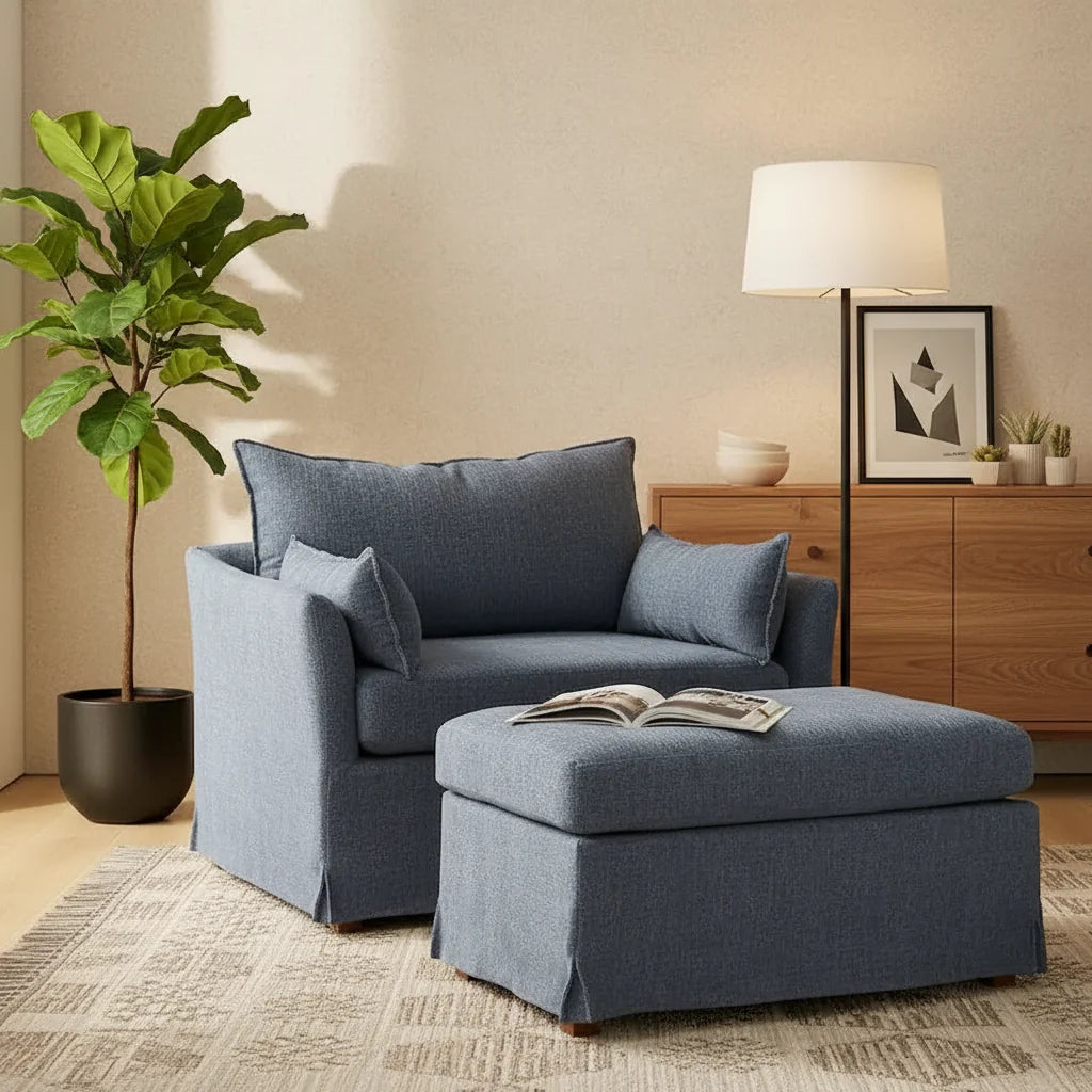 Sophie Contemporary Oversized Slipcovered Armchair and Ottoman with Lockable Rear Wheels