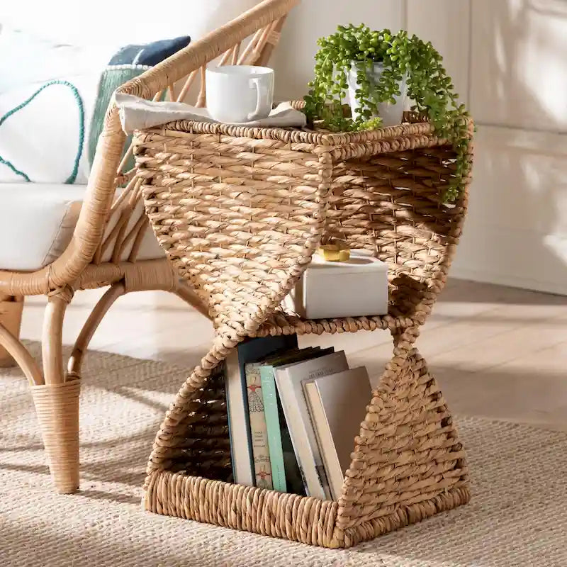 Pelleas Contemporary Bohemian Natural Brown Seagrass and Wood Side Table