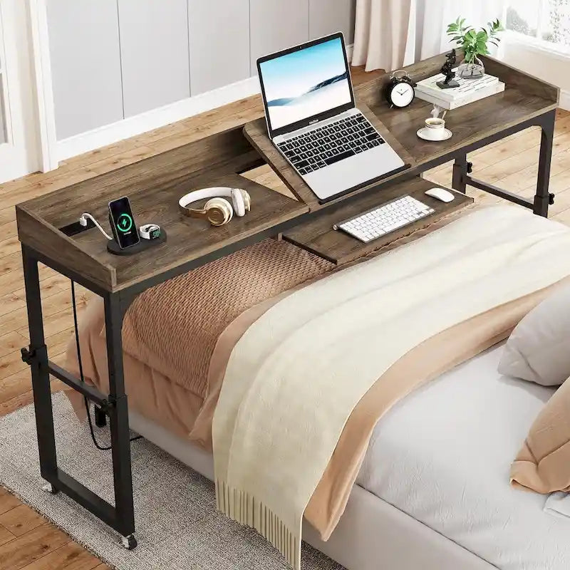 Mobile Height Adjustable Overbed Table with Wheels, Featuring Outlets and USB Ports for Laptops