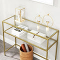 Elegant Gold Tempered Glass Console Table with Metal Frame and Dual Shelves - 39.4L x 13.8W x 31.5H