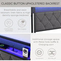 Upholstered Full Bed Frame with Built-in Charging Station and LED Lights - Sturdy Platform Design with Heavy Metal Slats, No Box Spring Required