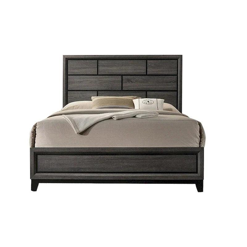 Mazie Queen Bed with Brick-Style Headboard, Black Tapered Legs, and Oak Gray Finish