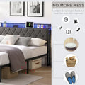 Upholstered Queen Bed Frame with Built-in Charging Station and LED Lights - Sturdy Platform Design with Heavy Metal Slats, No Box Spring Required