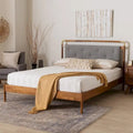 Edwina Queen Size Platform Bed in Light Grey Boucle Fabric with Walnut Brown Wood Accents