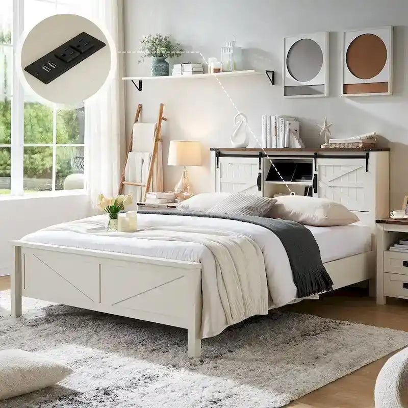 Farmhouse Full Bed Frame with Storage Shelves and Built-in Charging Station