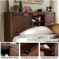 Farmhouse Platform Bed with Storage Headboard Sliding Doors and Charging Station