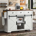 53.7-Inch Farmhouse Kitchen Island with Power Outlet, Featuring 2 Sliding Barn Doors and Drop Leaf Design
