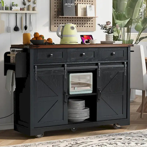 53.7-Inch Farmhouse Kitchen Island with Power Outlet, Featuring 2 Sliding Barn Doors and Drop Leaf Design