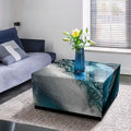Sapphire Sea Beveled Art Glass Cocktail Table with Black Plinth Base - Reverse Printed Design