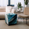 Sapphire Sea Beveled Art Glass Cocktail Table with Black Plinth Base - Reverse Printed Design
