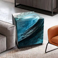 Sapphire Sea Beveled Art Glass Cocktail Table with Black Plinth Base - Reverse Printed Design