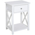 Farmhouse Style Side Table with Storage Drawer and Open Shelf, X-Frame Design, White Bedside Table for Living Room