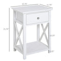 Farmhouse Style Side Table with Storage Drawer and Open Shelf, X-Frame Design, White Bedside Table for Living Room