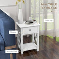 Farmhouse Style Side Table with Storage Drawer and Open Shelf, X-Frame Design, White Bedside Table for Living Room
