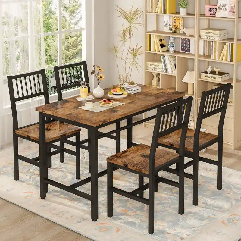 5-Piece Dining Set for 4: Metal Frame Table and Chairs for Kitchen and Breakfast Room