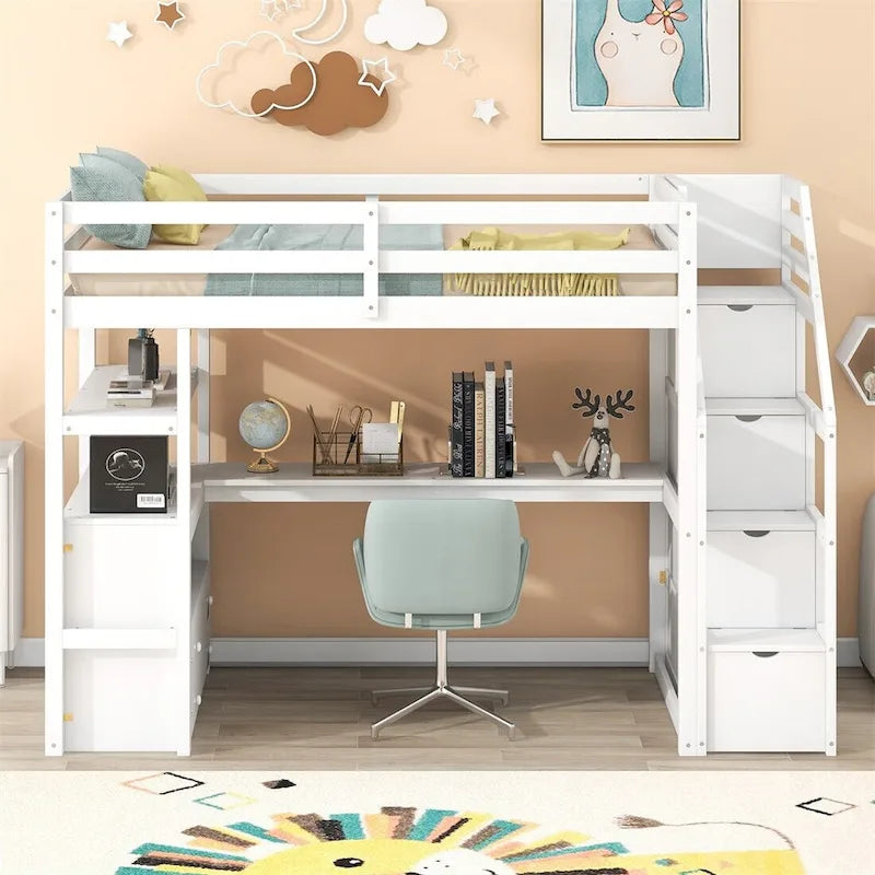 Merax Loft Bed with Integrated Desk and Storage Shelves