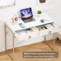 Anmytek Contemporary White and Gold Computer Desk - Stylish Vanity Writing Table with 2 Drawers for Home Office