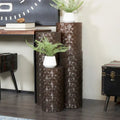 Set of 4 Brown Metal Abstract Tall Slim Pedestal Tables with Grooved Shell or Hammered Finish - Roche River Decor