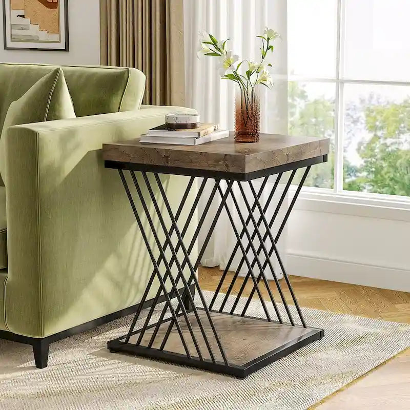 Modern Square End Table with Faux Marble Top and Metal Base